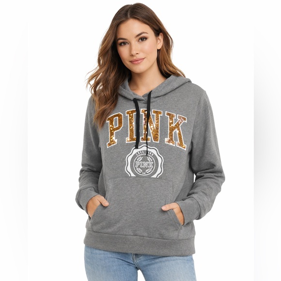 PINK Victoria's Secret Women's Gray Bling Hooded Pullover Sweatshirt - Picture 3 of 12